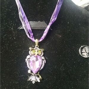 Encrusted Crystals On Owl Necklace  purple gold